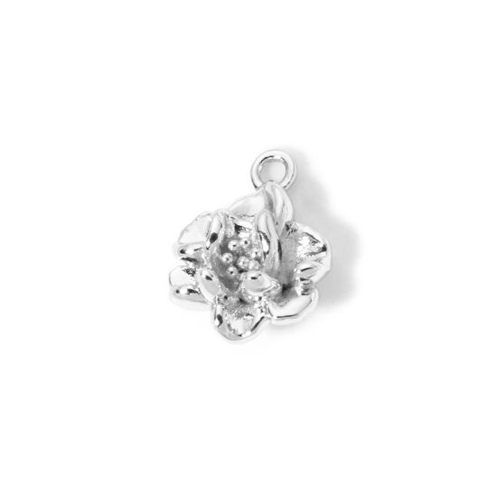 Picture of 2 PCs Brass Charms Wholesale Real Platinum Plated Flower 3D 13mm x 10mm