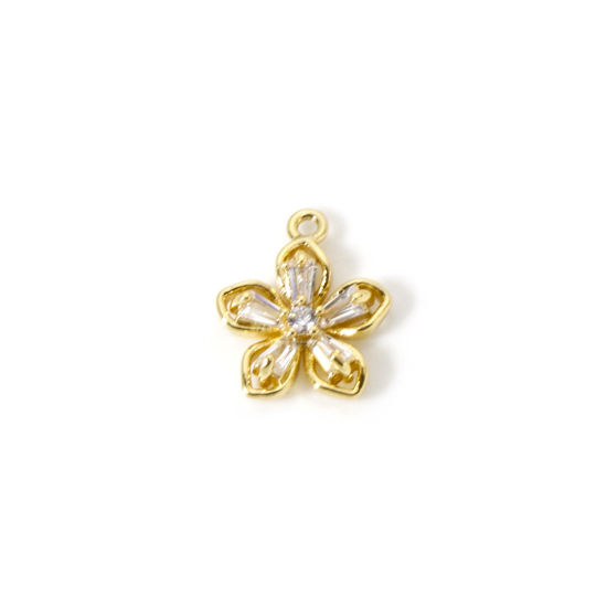 Picture of 2 PCs Brass Charms Wholesale 18K Real Gold Plated Flower Clear Cubic Zirconia 10mm x 9mm