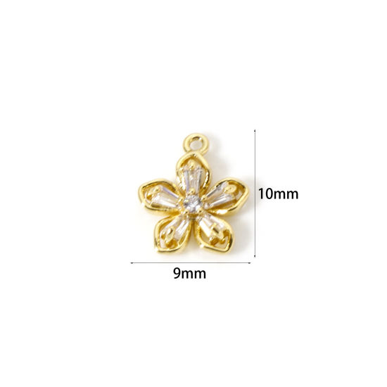 Picture of 2 PCs Brass Charms Wholesale 18K Real Gold Plated Flower Clear Cubic Zirconia 10mm x 9mm
