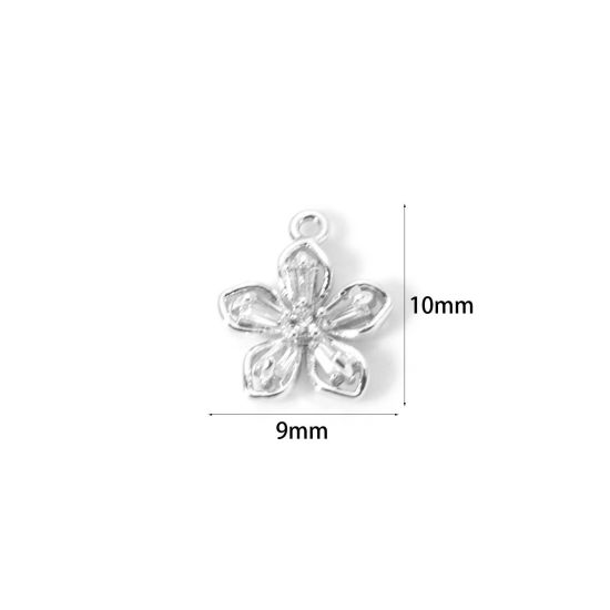 Picture of 2 PCs Brass Charms Wholesale Real Platinum Plated Flower Clear Cubic Zirconia 10mm x 9mm