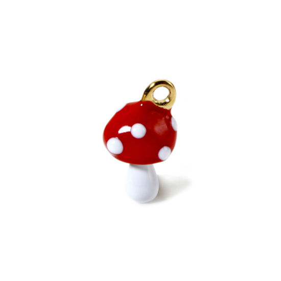 Picture of 1 Piece Eco-friendly PVD Vacuum Plating Waterproof Anti-Tarnish Hypoallergenic 304 Stainless Steel 3D Charms 14K Real Gold Plated Red Mushroom Enamel 14mm x 8mm