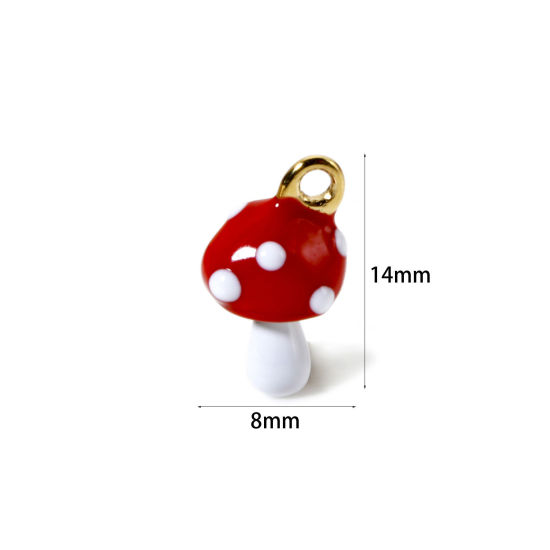 Picture of 1 Piece Eco-friendly PVD Vacuum Plating Waterproof Anti-Tarnish Hypoallergenic 304 Stainless Steel 3D Charms 14K Real Gold Plated Red Mushroom Enamel 14mm x 8mm