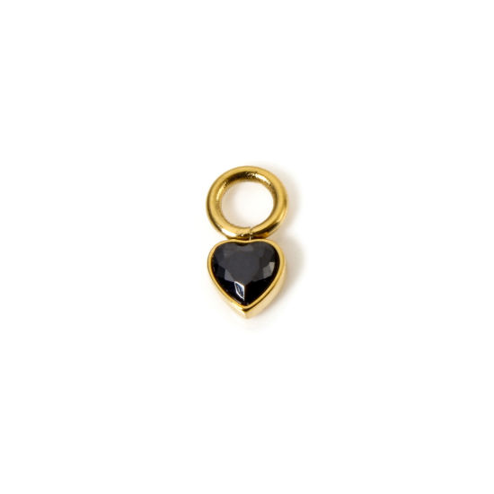 Picture of 1 Piece Eco-friendly PVD Vacuum Plating Waterproof Anti-Tarnish Hypoallergenic 304 Stainless Steel Charms 14K Real Gold Plated Heart Mini Black Cubic Zirconia 8mm x 4mm