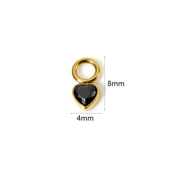 Picture of 1 Piece Eco-friendly PVD Vacuum Plating Waterproof Anti-Tarnish Hypoallergenic 304 Stainless Steel Charms 14K Real Gold Plated Heart Mini Black Cubic Zirconia 8mm x 4mm