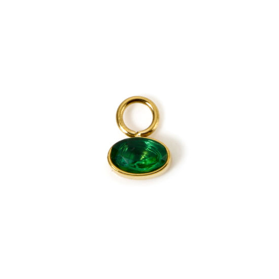 Picture of 1 Piece Eco-friendly PVD Vacuum Plating Waterproof Anti-Tarnish Hypoallergenic 304 Stainless Steel Charms 14K Real Gold Plated Oval Mini Green Cubic Zirconia 8mm x 6mm