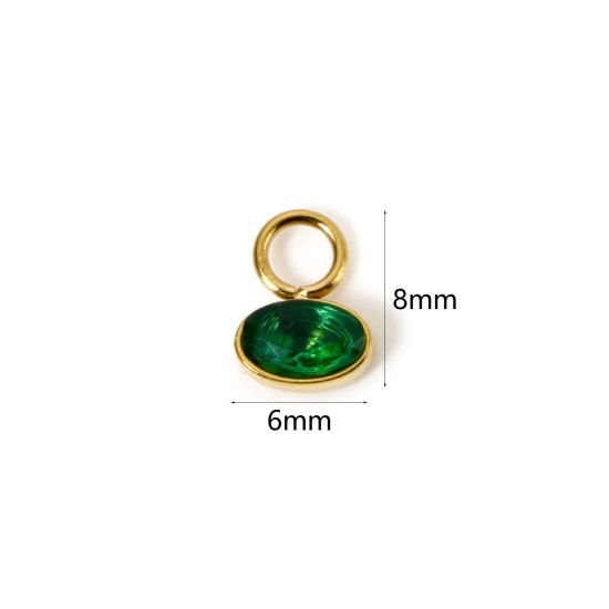 Picture of 1 Piece Eco-friendly PVD Vacuum Plating Waterproof Anti-Tarnish Hypoallergenic 304 Stainless Steel Charms 14K Real Gold Plated Oval Mini Green Cubic Zirconia 8mm x 6mm