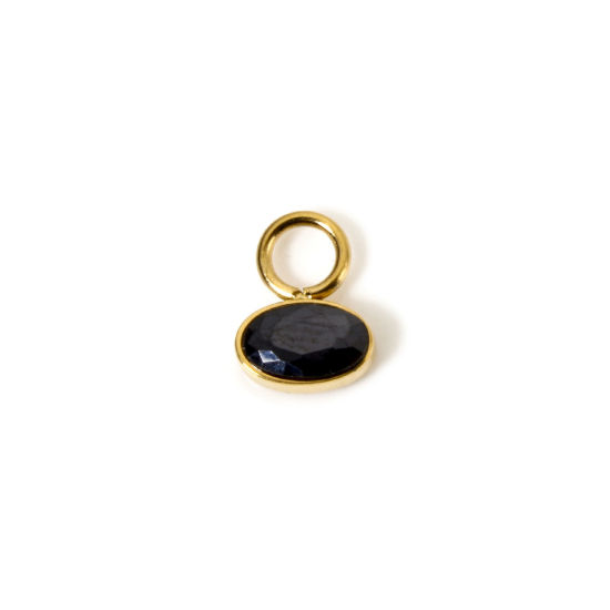 Picture of 1 Piece Eco-friendly PVD Vacuum Plating Waterproof Anti-Tarnish Hypoallergenic 304 Stainless Steel Charms 14K Real Gold Plated Oval Mini Black Cubic Zirconia 8mm x 6mm