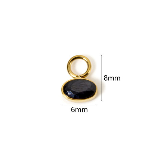 Picture of 1 Piece Eco-friendly PVD Vacuum Plating Waterproof Anti-Tarnish Hypoallergenic 304 Stainless Steel Charms 14K Real Gold Plated Oval Mini Black Cubic Zirconia 8mm x 6mm