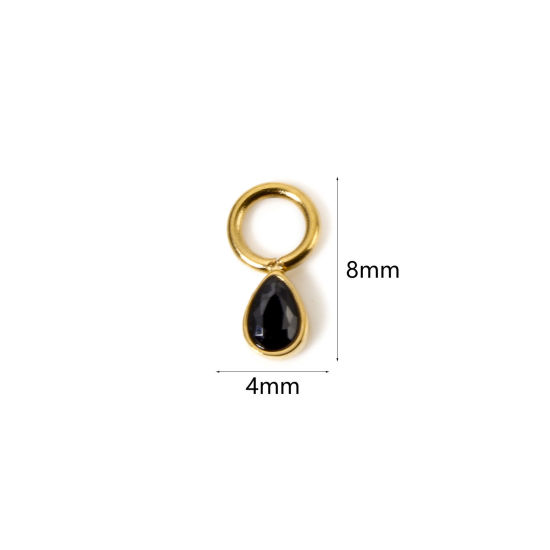 Picture of 1 Piece Eco-friendly PVD Vacuum Plating Waterproof Anti-Tarnish Hypoallergenic 304 Stainless Steel Charms 14K Real Gold Plated Drop Mini Black Cubic Zirconia 8mm x 4mm