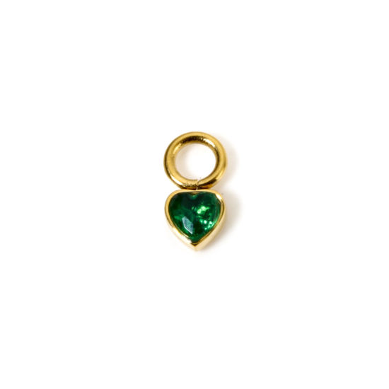 Picture of 1 Piece Eco-friendly PVD Vacuum Plating Waterproof Anti-Tarnish Hypoallergenic 304 Stainless Steel Charms 14K Real Gold Plated Heart Mini Green Cubic Zirconia 8mm x 4mm