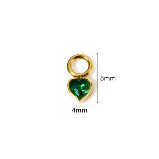 Picture of 1 Piece Eco-friendly PVD Vacuum Plating Waterproof Anti-Tarnish Hypoallergenic 304 Stainless Steel Charms 14K Real Gold Plated Heart Mini Green Cubic Zirconia 8mm x 4mm