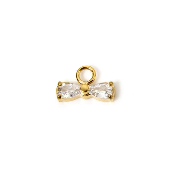 Picture of 1 Piece Eco-friendly PVD Vacuum Plating Waterproof Anti-Tarnish Hypoallergenic 304 Stainless Steel Clothes Charms 14K Real Gold Plated Bowknot Mini Clear Cubic Zirconia 11mm x 7mm