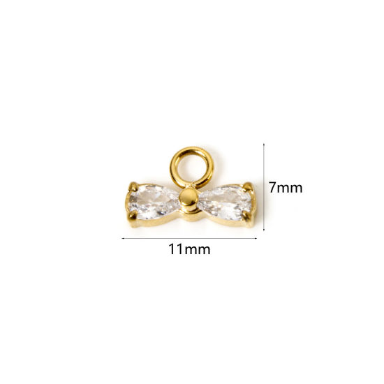 Picture of 1 Piece Eco-friendly PVD Vacuum Plating Waterproof Anti-Tarnish Hypoallergenic 304 Stainless Steel Clothes Charms 14K Real Gold Plated Bowknot Mini Clear Cubic Zirconia 11mm x 7mm