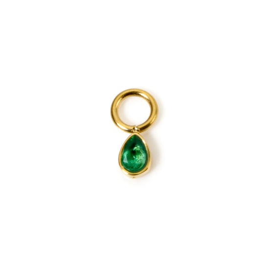 Picture of 1 Piece Eco-friendly PVD Vacuum Plating Waterproof Anti-Tarnish Hypoallergenic 304 Stainless Steel Charms 14K Real Gold Plated Drop Mini Green Cubic Zirconia 8mm x 4mm