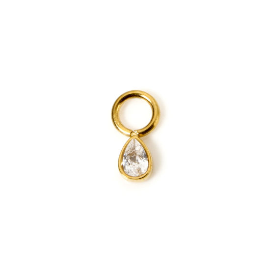 Picture of 1 Piece Eco-friendly PVD Vacuum Plating Waterproof Anti-Tarnish Hypoallergenic 304 Stainless Steel Charms 14K Real Gold Plated Drop Mini Clear Cubic Zirconia 8mm x 4mm