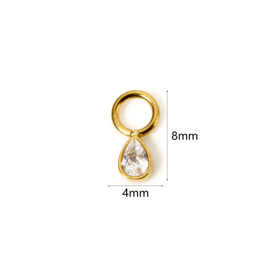 Picture of 1 Piece Eco-friendly PVD Vacuum Plating Waterproof Anti-Tarnish Hypoallergenic 304 Stainless Steel Charms 14K Real Gold Plated Drop Mini Clear Cubic Zirconia 8mm x 4mm