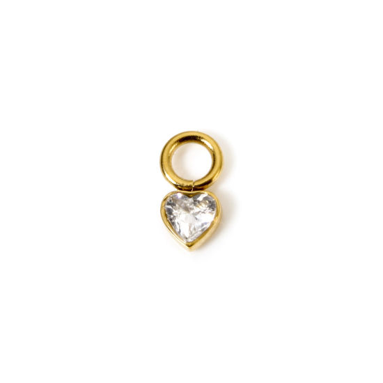 Picture of 1 Piece Eco-friendly PVD Vacuum Plating Waterproof Anti-Tarnish Hypoallergenic 304 Stainless Steel Charms 14K Real Gold Plated Heart Mini Clear Cubic Zirconia 8mm x 4mm