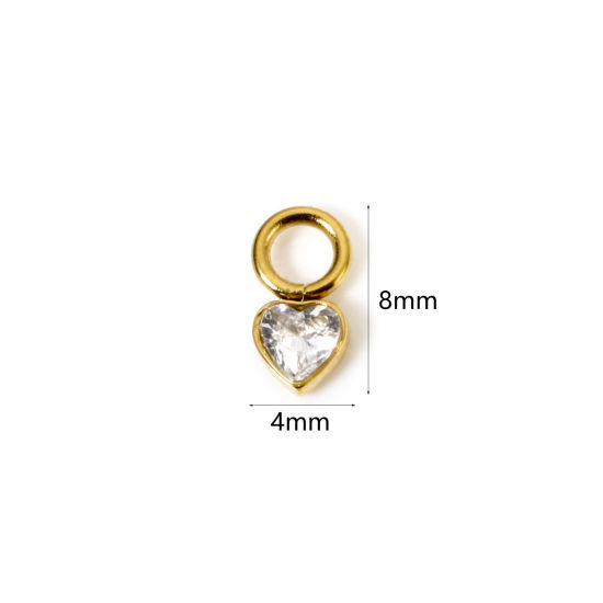 Picture of 1 Piece Eco-friendly PVD Vacuum Plating Waterproof Anti-Tarnish Hypoallergenic 304 Stainless Steel Charms 14K Real Gold Plated Heart Mini Clear Cubic Zirconia 8mm x 4mm