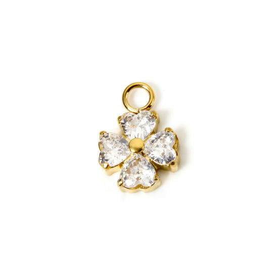 Picture of 1 Piece Eco-friendly PVD Vacuum Plating Waterproof Anti-Tarnish Hypoallergenic 304 Stainless Steel Charms 14K Real Gold Plated Four Leaf Clover Clear Cubic Zirconia 13mm x 9.5mm