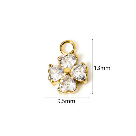 Picture of 1 Piece Eco-friendly PVD Vacuum Plating Waterproof Anti-Tarnish Hypoallergenic 304 Stainless Steel Charms 14K Real Gold Plated Four Leaf Clover Clear Cubic Zirconia 13mm x 9.5mm
