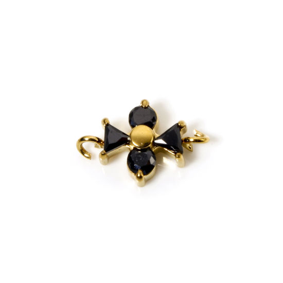 Picture of 1 Piece Eco-friendly PVD Vacuum Plating Waterproof Anti-Tarnish Hypoallergenic 304 Stainless Steel Connectors Charms Pendants 14K Real Gold Plated Cross Black Cubic Zirconia 14mm x 9mm