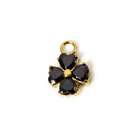 Picture of 1 Piece Eco-friendly PVD Vacuum Plating Waterproof Anti-Tarnish Hypoallergenic 304 Stainless Steel Charms 14K Real Gold Plated Four Leaf Clover Black Cubic Zirconia 13mm x 9.5mm