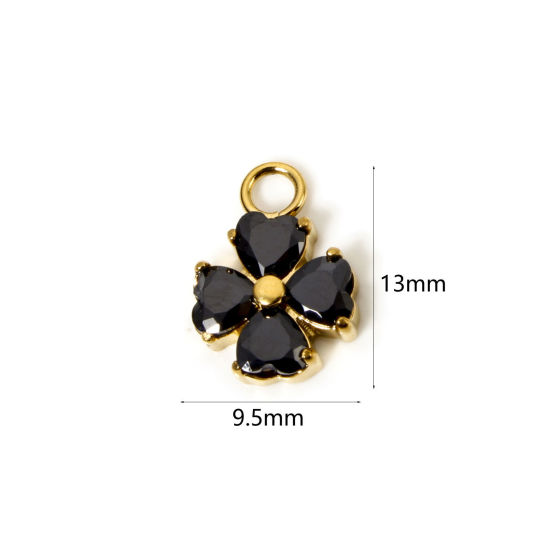 Picture of 1 Piece Eco-friendly PVD Vacuum Plating Waterproof Anti-Tarnish Hypoallergenic 304 Stainless Steel Charms 14K Real Gold Plated Four Leaf Clover Black Cubic Zirconia 13mm x 9.5mm