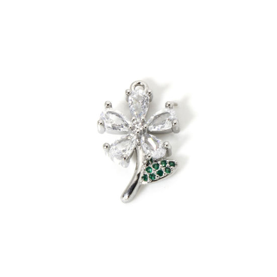 1 個 真鍮 フローラコレクション チャーム プラチナメッキ フラワー マイクロパヴェ クリア ジルコン 19mm x 12mm、 の画像