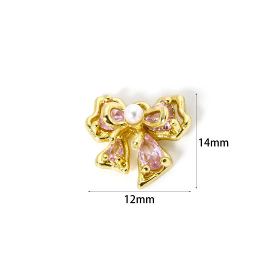 1 個 真鍮 チャーム 18Kゴールドメッキ リボン アクリル模造真珠 ピンク ジルコン 14mm x 12mm、 の画像