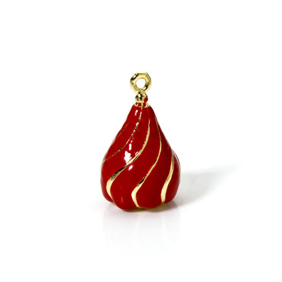Image de 1 Pièce Breloques en Laiton Plaqué Or 18K Rouge Émail Goutte d'Eau Rayées 3D 25mm x 15mm