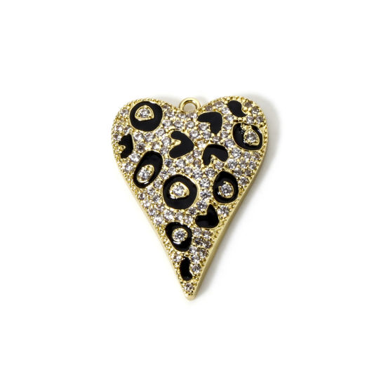 Immagine di 1 Pz Ottone San Valentino Ciondoli Placcato Oro 18K Nero Smalto Cuore Leopardo Micro Spianare Trasparente Cubic Zirconiae 29.5mm x 22mm