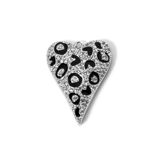 Immagine di 1 Pz Ottone San Valentino Ciondoli Platino Placcato Nero Smalto Cuore Leopardo Micro Spianare Trasparente Cubic Zirconiae 29.5mm x 22mm