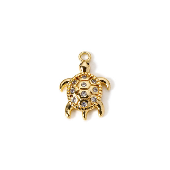 Image de 2 Pcs Breloques Bijoux d'Océan en Laiton Plaqué Or 18K Tortue 3D à Zircone Cubique Clair 19mm x 13mm