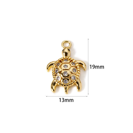 Image de 2 Pcs Breloques Bijoux d'Océan en Laiton Plaqué Or 18K Tortue 3D à Zircone Cubique Clair 19mm x 13mm