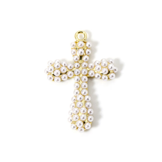Image de 1 Pièce Breloques Religieux en Laiton Plaqué Or 18K Croix Perle Imitation Acrylique 4cm x 2.7cm