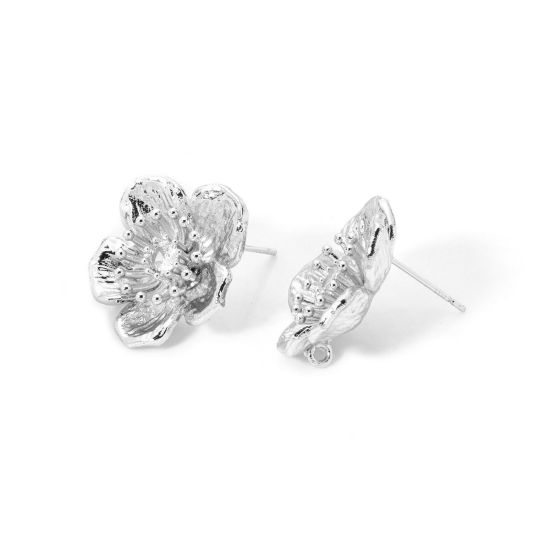 Picture of 2 PCs Eco-friendly Brass Flora Collection Ear Post Stud Earrings Real Platinum Plated Flower Clear Cubic Zirconia With Loop 21mm x 21mm, Post/ Wire Size: 0.7mm(21 gauge)