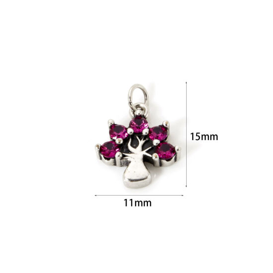 2 個 エコフレンドリー 真鍮 フローラコレクション チャーム 銀古美 木 マイクロパヴェ フクシア ジルコン 15mm x 11mm、 の画像