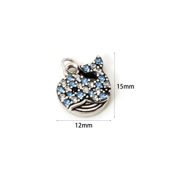 2 個 エコフレンドリー 真鍮 海ジュエリー チャーム 銀古美 クジラ マイクロパヴェ ブルー ジルコン 15mm x 12mm、 の画像