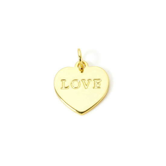 2 個 エコフレンドリー 真鍮 バレンタイン・デー チャーム 18Kリアルゴールドメッキ ハート Love 17mm x 13mm、 の画像