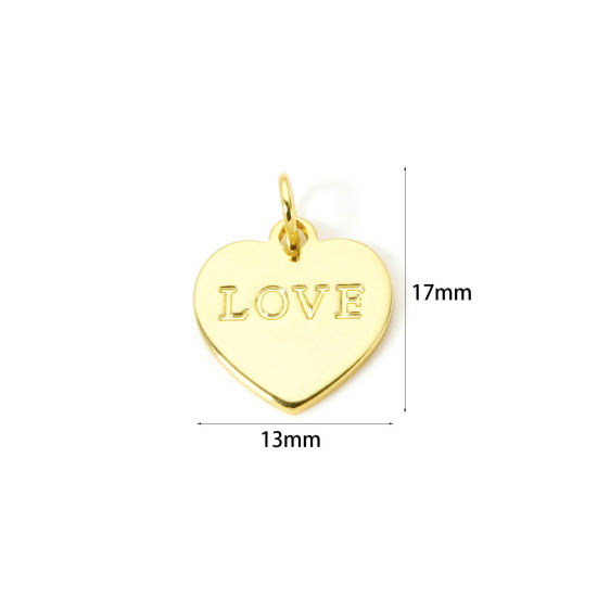 2 個 エコフレンドリー 真鍮 バレンタイン・デー チャーム 18Kリアルゴールドメッキ ハート Love 17mm x 13mm、 の画像