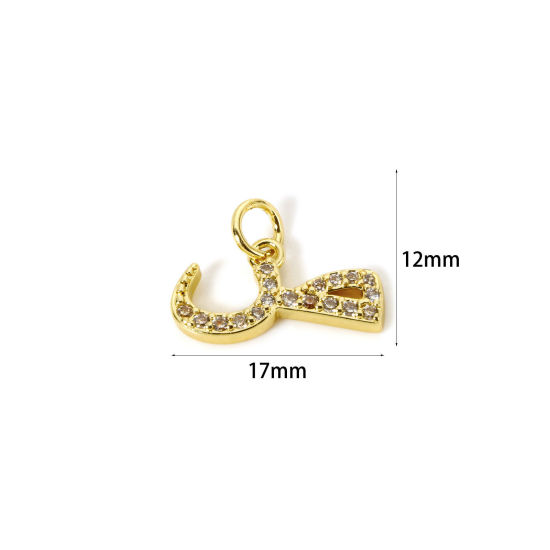 1 個 エコフレンドリー 真鍮 チャーム 18Kリアルゴールドメッキ アラビア文字 マイクロパヴェ クリア ジルコン 17mm x 12mm、 の画像
