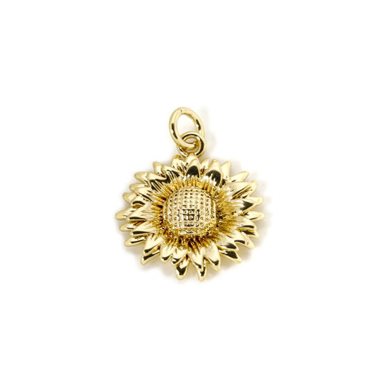Image de 2 Pcs Breloques Collection Végétale Respectueux de la Nature en Laiton Plaqué Or Véritable 18K Tournesol 22mm x 17mm