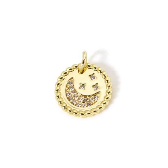 Immagine di 1 Pz Ecologico Ottone Galassia Ciondoli 18K Vero Oro Placcato Tondo Luna Micro Spianare Trasparente Cubic Zirconiae 15mm x 12mm