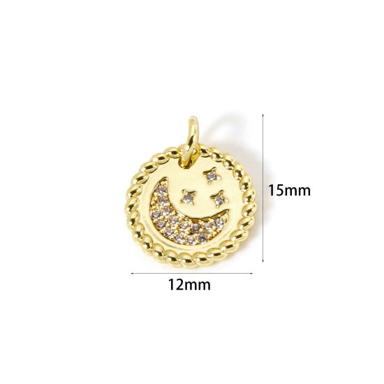 Immagine di 1 Pz Ecologico Ottone Galassia Ciondoli 18K Vero Oro Placcato Tondo Luna Micro Spianare Trasparente Cubic Zirconiae 15mm x 12mm