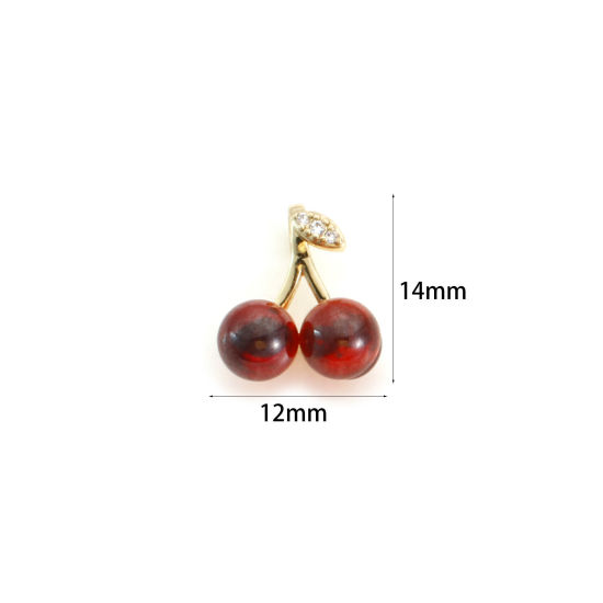 Immagine di 2 Pz Ottone & Vetro Ciondoli Placcato Oro 18K Colore di Vino Rosso Ciliegia 3D Trasparente Cubic Zirconiae 14mm x 12mm