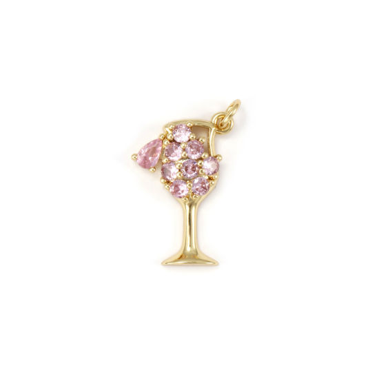 Picture of 1 Piece Eco-friendly Brass Charms 18K Real Gold Plated Wine Glass Micro Pave Pink Cubic Zirconia 25mm x 15mm