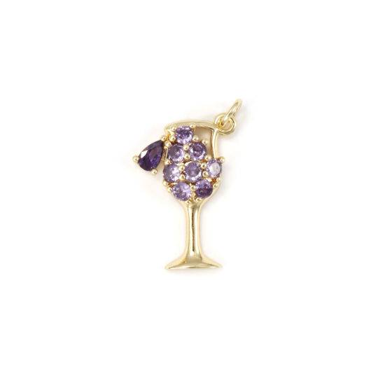 Picture of 1 Piece Eco-friendly Brass Charms 18K Real Gold Plated Wine Glass Micro Pave Purple Cubic Zirconia 25mm x 15mm