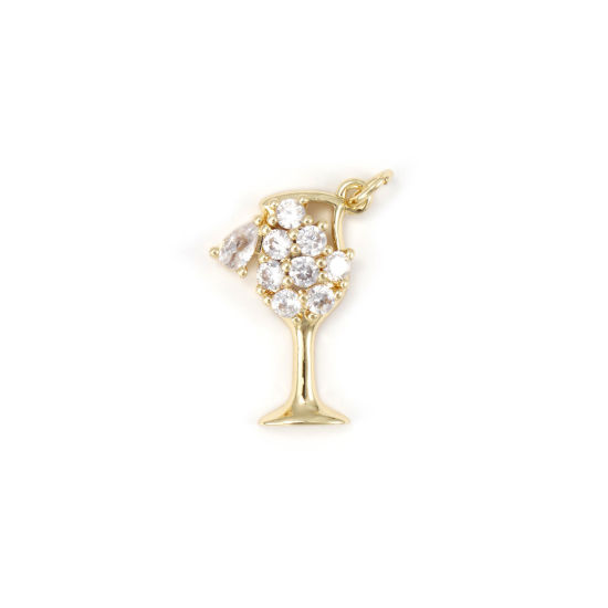 Picture of 1 Piece Eco-friendly Brass Charms 18K Real Gold Plated Wine Glass Micro Pave Clear Cubic Zirconia 25mm x 15mm
