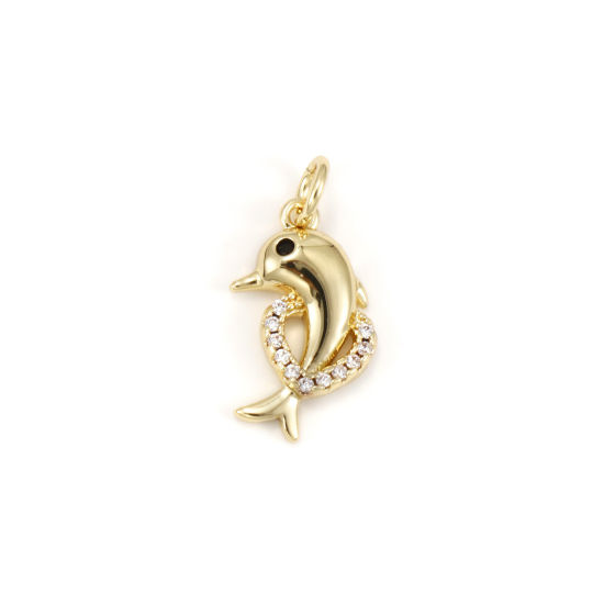 1 個 エコフレンドリー 真鍮 海ジュエリー チャーム 18Kリアルゴールドメッキ イルカ クリア ジルコン 20mm x 10mm、 の画像