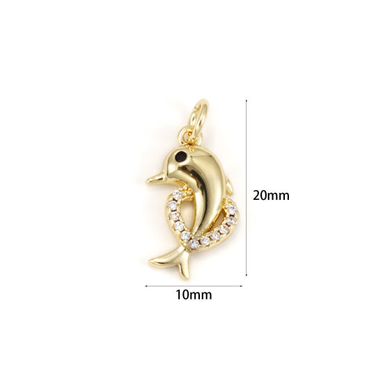 1 個 エコフレンドリー 真鍮 海ジュエリー チャーム 18Kリアルゴールドメッキ イルカ クリア ジルコン 20mm x 10mm、 の画像
